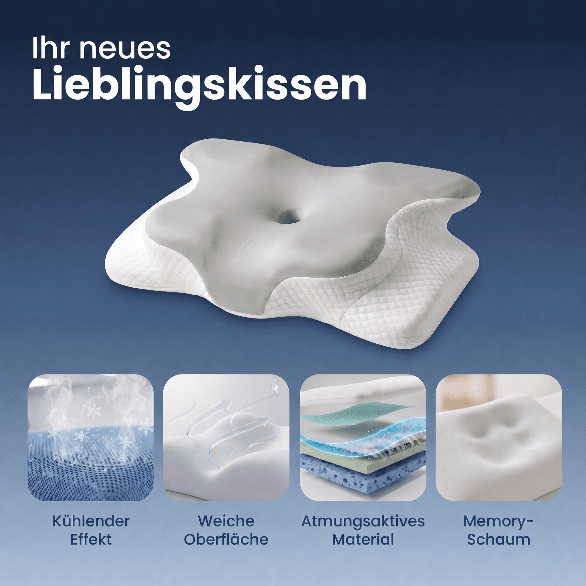 Draufsicht auf das ergonomische Kissen mit Kopf- und Nackenzonen